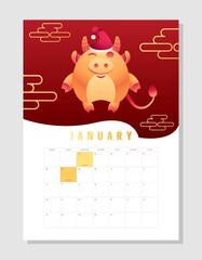 Calendar 2021 A4 format on January, month planner. Funny winter cow, symbol of 2021. Cute bull winks, cheerful ox character with Christmas hat among gold chinese clouds. Vector stock illustration.