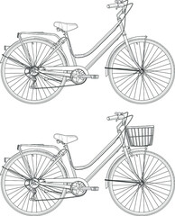 Fototapeta na wymiar Retro vintage bicycle with basket and whithout realistic sketch template set. Cartoon vector illustration in black and white for games, background, pattern, decor. Coloring paper, page, story book