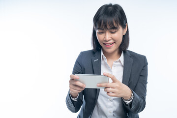 Business women use smartphones to work On white background