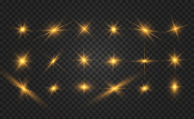 Set of gold bright beautiful stars. Light effect Bright Star. Beautiful light for illustration. Christmas star. White sparks sparkle with a special light. Vector sparkles on transparent background	