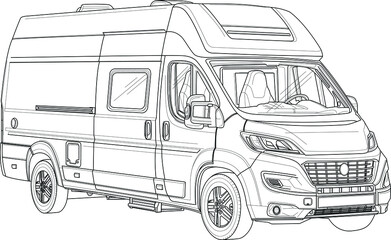Camper van bus realistic sketch template. Cartoon vector illustration in black and white for games, background, pattern, decor. Print for fabrics and other surfaces. Coloring paper, page, story book