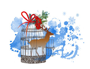 christmas card with birdcage and deer 
