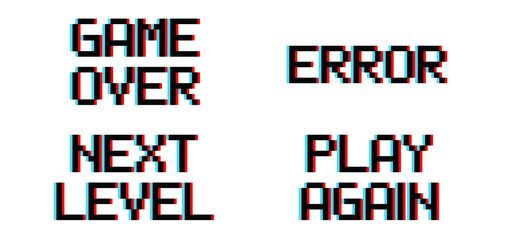 Slogan Game over, Error, Next lever Play again phrase in pixel art style with glitch VHS video effect Gaming icon Digital signal pixels Vector pixelated sign Computer quote 8 bit square raster
