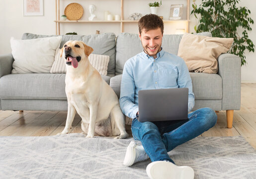 Young man at home with laptop and happy pet