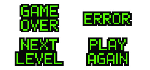 Slogan Game over, Error, Next lever Play again phrase in pixel art style with glitch VHS video effect Gaming icon Digital signal pixels Vector pixelated sign Computer quote 8 bit square raster