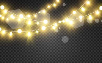 Christmas bright, beautiful lights, design elements. Glowing lights for design of Xmas greeting cards. Garlands, light Christmas decorations.