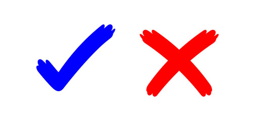check mark sign right and wrong for vote, tick and cross sign handwritten, checklist for approved or voting, checkmark and x scribble style, red blue voting symbol