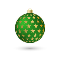 Volumetric green Christmas ball with a pattern in the form of gold stars, with shadows and highlights. Christmas tree toy. Isolated on white background