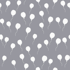 Seamless random pattern with little balloons silhouettes. White simple cartoon ornament on grey background.