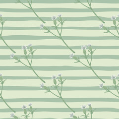 Minimalistic seamless pattern with burdock branches. Pale botanic artwork with stripped background. Light green palette.