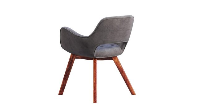 Circular animation of gray fabric chair with wooden legs on white background. Mid-century modern wooden frame chair. Turntable 3d render