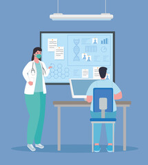 medical vaccine research, doctors couple in laboratory for scientific virus prevention study vector illustration design