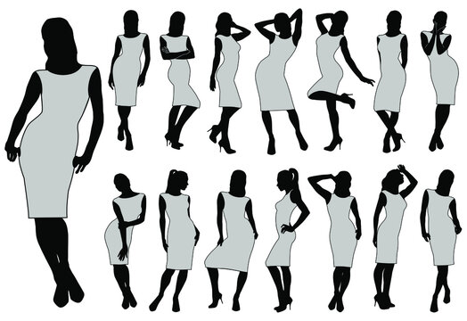 Vector silhouettes of women in classic dress standing in different poses. Set of vector icons of beautiful girl isolated on white background. Lady fashion profile.