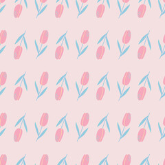 Little tulip flower silhouettes seamless pattern. Doodle simple ornament on light pink background.