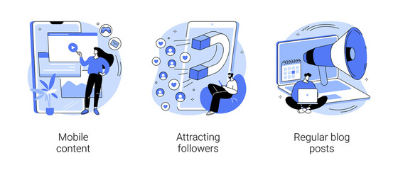 Content marketing service abstract concept vector illustration set. Mobile content, attracting followers, regular blog posts, live stream, follow social media, online notification abstract metaphor.