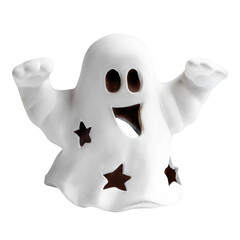 Funny white ghost doing boo gesture on white background. Halloween greeting card