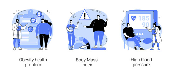 Obese people abstract concept vector illustration set. Obesity health problem, body mass index, high blood pressure, nutrition plan, junk food, body fat, heart attack, diabetes abstract metaphor.