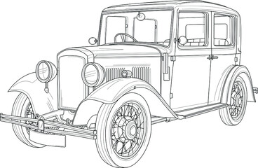 Retro vintage car cab realistic sketch template. Cartoon vector illustration in black and white for games, background, pattern, decor. Print for fabrics and other surfaces. Coloring paper, page, book