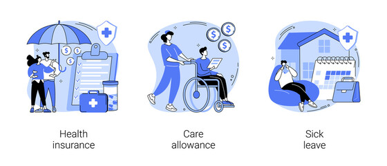 Medical care abstract concept vector illustration set. Health insurance, care allowance, sick leave, application form, emergency coverage, home nurse, social insurance, home office abstract metaphor.