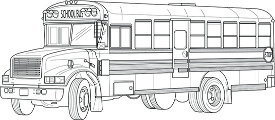 School bus realistic sketch template. Cartoon vector illustration in black and white for games, background, pattern, decor. Print for fabrics and other surfaces. Coloring paper, page, story book