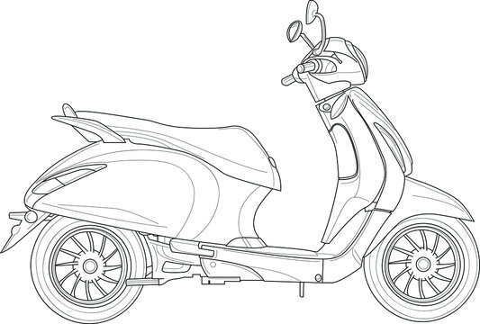 Electric scooter realistic sketch template. Cartoon vector illustration in black and white for games, background, pattern, decor. Print for fabrics and other surfaces. Coloring paper, page, story book