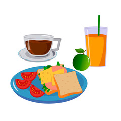 Breakfast - sandwich with cheese, coffee, juice and fruit.Healthy breakfast. Vector illustration isolated on white background. For cafes, menus and decor.