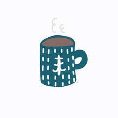 Green mug with a festive Christmas pattern. Holiday, tradition concept. Morning coffee.
