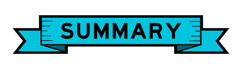 Vintage blue color label banner with word summary on white background