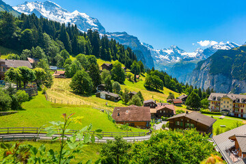 Wonderful mountain car-free village Wengen, Bernese Oberland, Switzerland. The Jungfrau is visible...