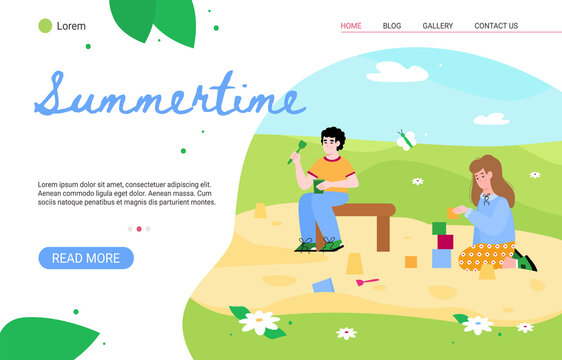 Summertime website page template with kids playing in playground, cartoon flat vector illustration. Kindergarten kids or preschoolers in the summer outdoors.