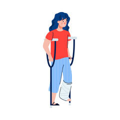 Injured woman cartoon character walks with crutches, flat vector illustration isolated on white background. Young woman with wounded leg and gypsum bandage.