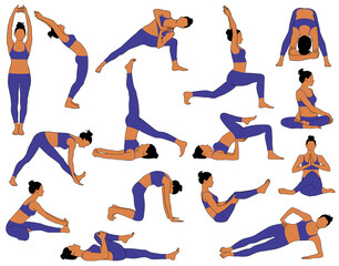 Set of vector silhouettes of girl doing yoga exercises.  Colored icons of flexible woman in costume stretching her body in different yoga poses. Shapes of woman isolated on white background.