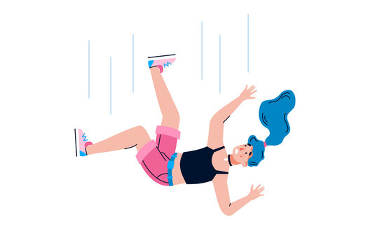 Young woman cartoon character falls from height, flat vector illustration isolated on white background. Falling woman getting injury or wound in result of accident.
