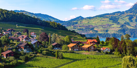 Spiez village on the shore of Lake Thun in the Swiss canton of Bern, Spiez, Switzerland.