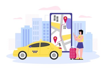 Mobile city transportation concept with traveling woman ordering taxi online, flat vector illustration isolated on white background. Online taxi car service.