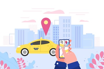 City landscape with standing taxi and gps location tag. Hand holding mobile phone with taxi service app on the screen, flat cartoon vector illustration