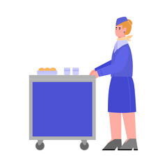 Female character of stewardess or air hostess, flat cartoon vector illustration isolated on white background. Aircraft company professional flying attendant with cart.