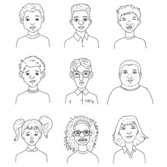 Vector Set of Outline Kids Face Illustrations. Schoolboys and Schoolgirls.