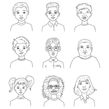 Vector Set of Outline Kids Face Illustrations. Schoolboys and Schoolgirls.
