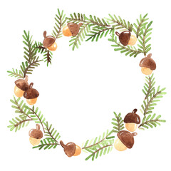 pine leaves and acorn wreath watercolor hand painting for decoration on autumn season, Christmas holiday and Thanksgiving event. © beelaa