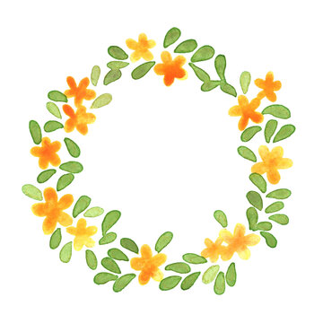 Yellow flower and green leaves wreath watercolor painting for decoration on summer and spring season.