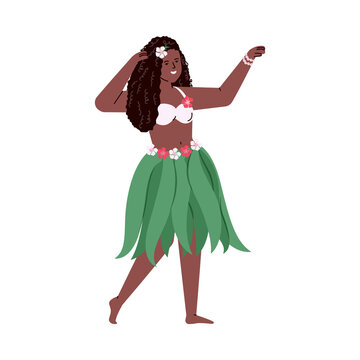 Cartoon character of Polynesian Hawaiian hula girl or young woman, flat vector illustration isolated on white background. Hula dancer female character.