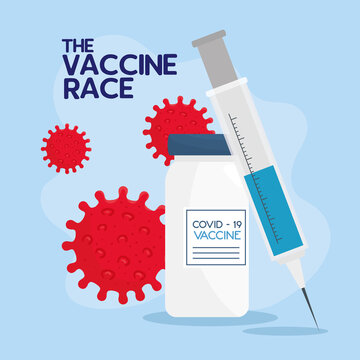 The Race Between Country, For Developing Coronavirus Covid 19 Vaccine, With Syringe And Vial Vector Illustration Design