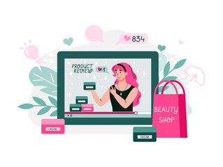 Beauty blogger streaming. Woman reviewing cosmetics content for personal blog, website, talking about hair, makeup, skincare, fashion, posting marketing videos. Vector flat style cartoon illustration