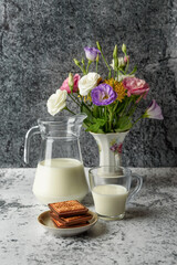 Milk in a glass and a jug, on a background is a gray concrete background and flowers.