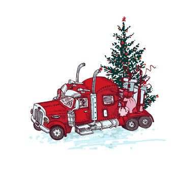 Hand drawn red truck with christmas tree and gifts isolated on white background. Vintage sketch xmas lorry transport. Large Industrial car, giant machine. Engraving art style Vector illustration