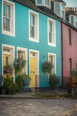 Fototapeta na wymiar Colorful Houses on a Cobbled Street in South Queensferry near Edinburgh Scotland