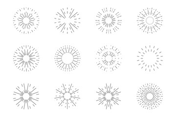 Sunburst line icon set. Collection of firework icons. Radial sunbeams. Vector decoration