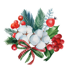 Christmas decoration, postcard, bouquet with cotton on an isolated white background, watercolor drawings