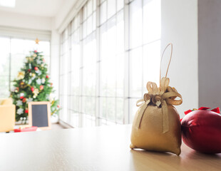 living room home.Red and gold bag green background tree pine use decoration ornament on white isolated celebration happy new year 2021 holiday vacation winter season december merry christmas festival
